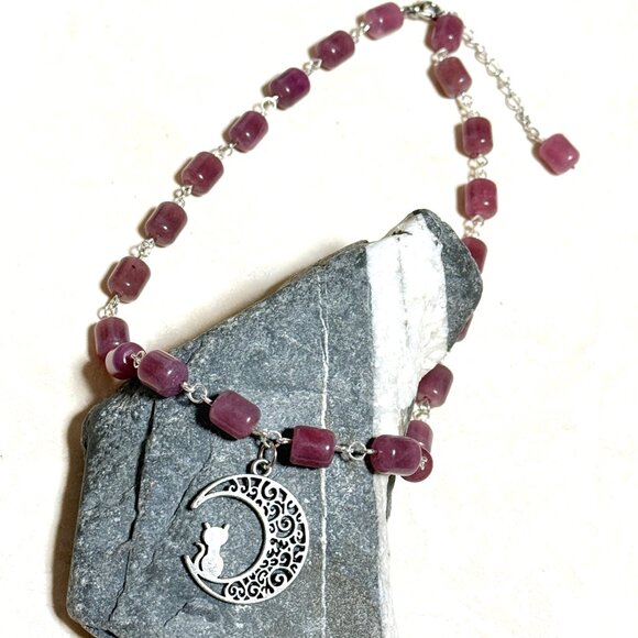 Genuine Magenta Chalcedony Short Necklace, Gemstone & Cat on the Moon Charm - Picture 4 of 14